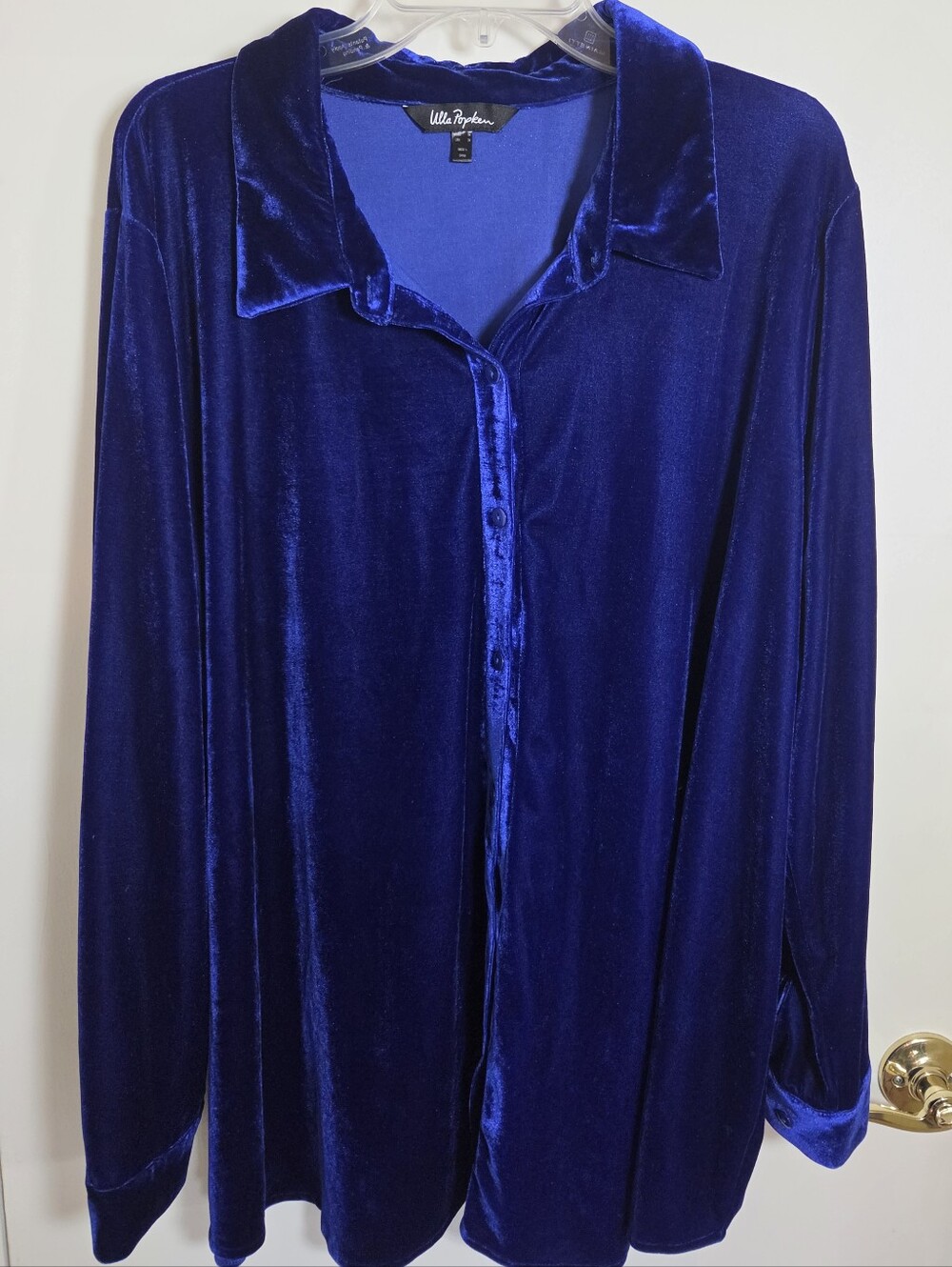 Ulla Popken Button Down Royal Blue Velvet Long Sleeve Plus Size 24 Blouse Party